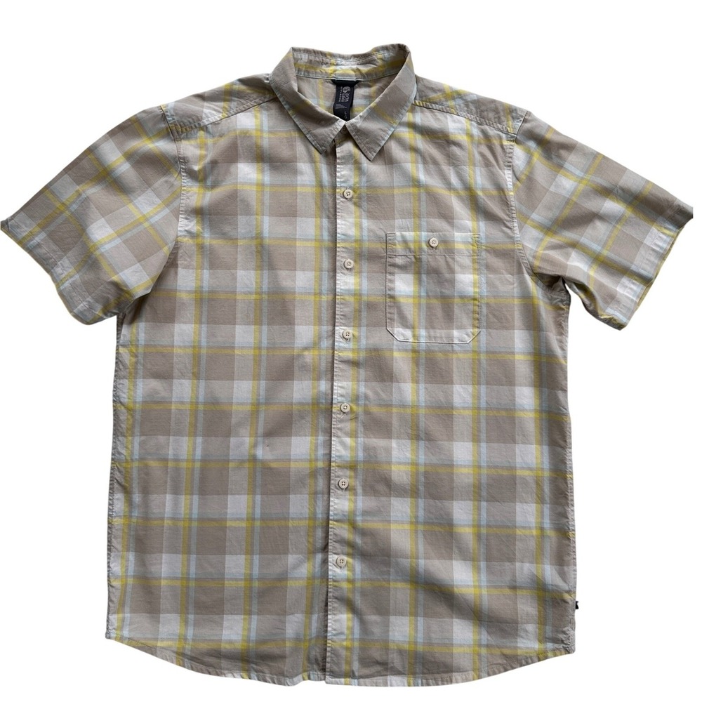 Mountain Hardwear Plaid Shirt Mens Large Tan Yellow OM7468 Good Short Sleeve